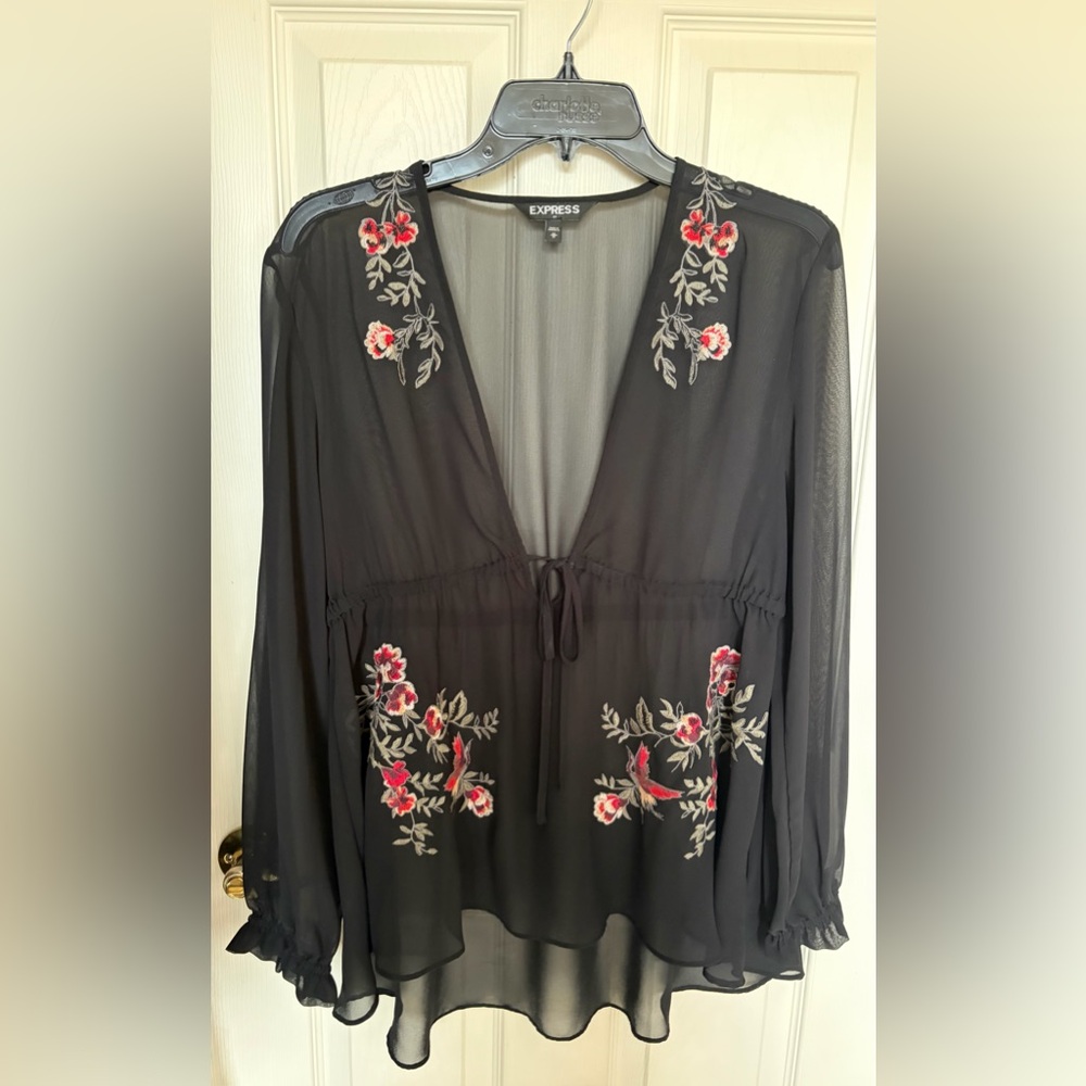 Black Floral Embroidered Women's Sheer Top- Medium